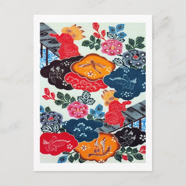 Vintage Japanese Kimono Textile (Bingata) Postcard (Front)