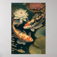 Vintage Japanese koi Fish Pond Art Print Poster