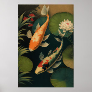 Vintage Japanese Koi Fish Pond Art Print Poster