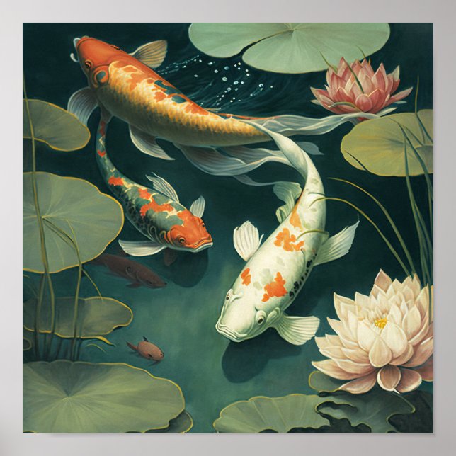 Vintage Japanese Koi Fish Pond Art Print Poster (Front)