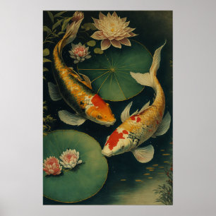 Vintage Japanese Koi Fish Pond Art Print Poster