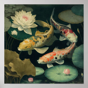 Vintage Japanese Koi Fish Pond Art Print Poster