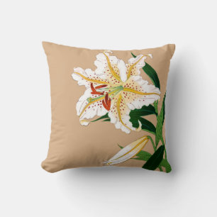 Vintage Japanese Liliy. White, Green and Beige Cushion