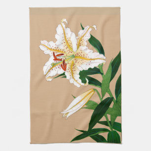 Vintage Japanese Liliy. White, Green and Beige Tea Towel