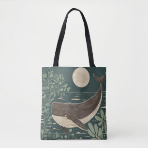 Vintage Japanese Linocut Whale in the Ocean Tote Bag