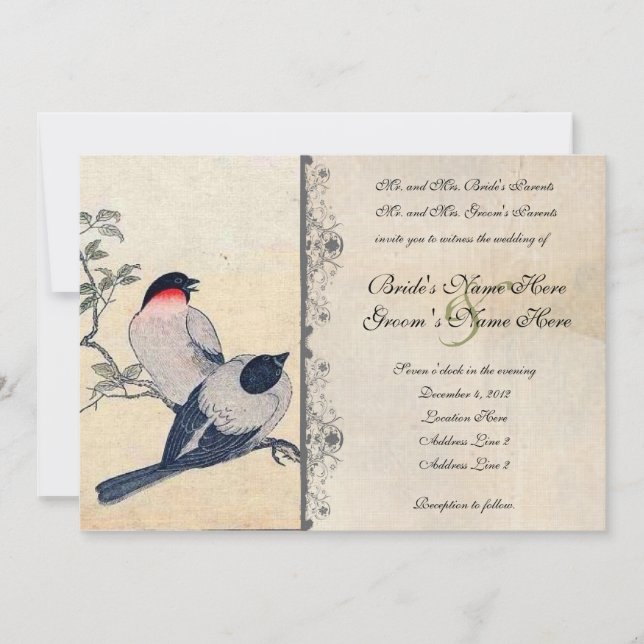 Vintage Japanese Lovebirds Wedding Invitation (Front)