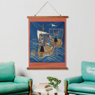 Vintage Japanese Lucky Treasure Ship G.A. Audsley Hanging Tapestry