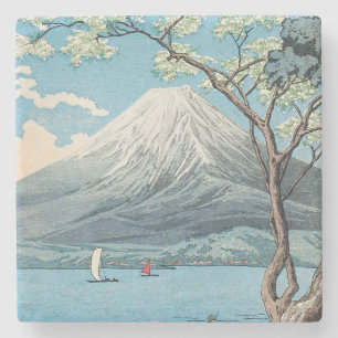 Vintage Japanese Mount Fuji and Lake Yamanaka Art Stone Coaster