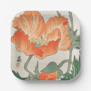 Vintage Japanese Orange Poppy Flower, Ohara Koson  Paper Plate