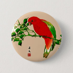 Vintage Japanese Painting of a Parrot, Red & Green 6 Cm Round Badge