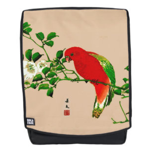 Vintage Japanese Painting of a Parrot, Red & Green Backpack