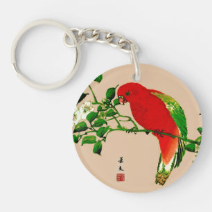 Vintage Japanese Painting of a Parrot, Red & Green Key Ring