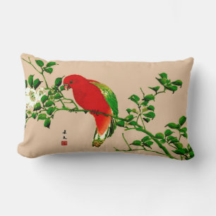 Vintage Japanese Painting of a Parrot, Red & Green Lumbar Cushion