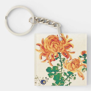 Vintage Japanese Painting of Chrysanthemums Key Ring
