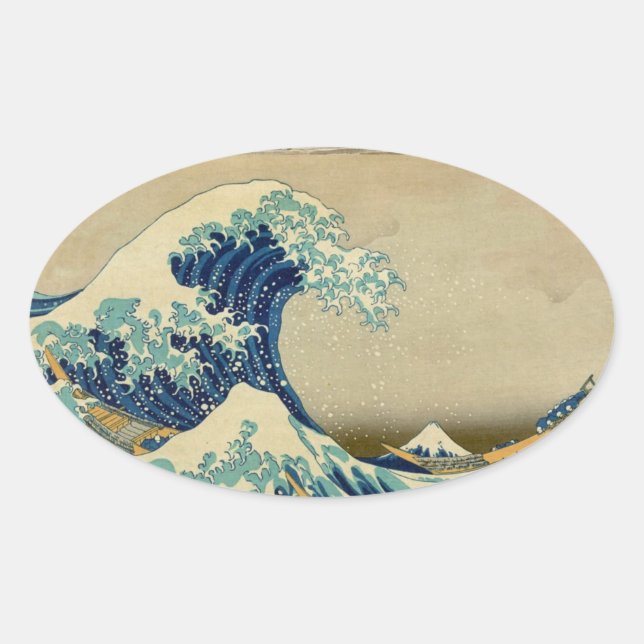 Vintage Japanese Painting Of Great Wave Oval Sticker (Front)