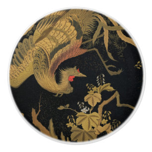 Vintage Japanese Phoenix Gold Black Bird Ceramic Knob