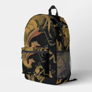 Vintage Japanese Phoenix Gold Black Bird Printed Backpack