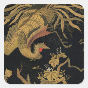 Vintage Japanese Phoenix Gold Black Bird Square Sticker
