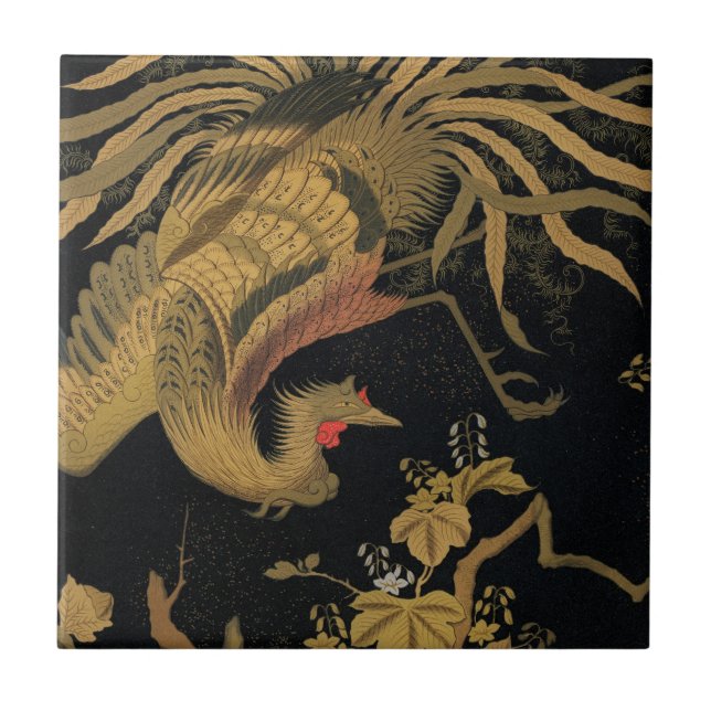 Vintage Japanese Phoenix Gold Black Bird Tile (Front)