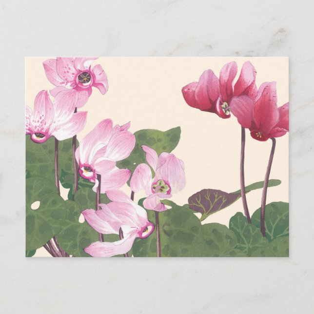Vintage Japanese Pink Lotus Floral Woodblock Postcard (Front)