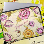 Vintage Japanese Pretty Floral Watercolor and Ink  Laptop Sleeve<br><div class="desc">Vintage Japanese floral design originating from a beautiful porcelain bowl. The pretty flowers have an ink and watercolor effect, represented in shades of light and dark pinks, golden yellow, and orange. Leaves are sage and dark green. The background has a unique marbled watercolor effect, using light yellow, faded pink, and...</div>