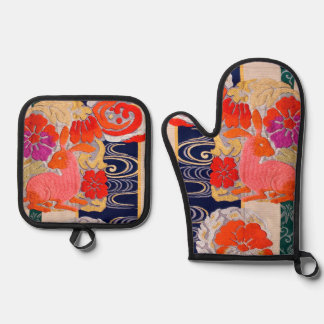 Vintage Japanese Rabbit Design Oven Mitt & Pot Holder Set