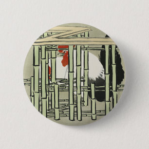 Vintage Japanese Rooster Behind Bamboo Fence Art 6 Cm Round Badge
