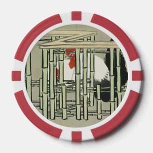 Vintage Japanese Rooster Behind Bamboo Fence Art Poker Chips