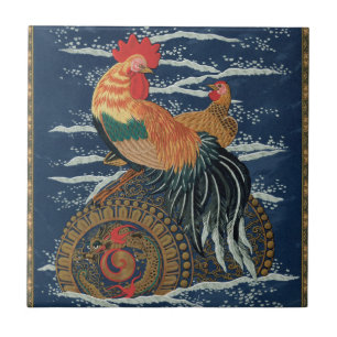 Vintage Japanese Rooster Hen Dragon Art Tile