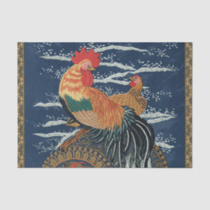 Vintage Japanese Rooster Hen Dragon Art Tissue Paper