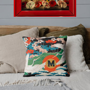 Vintage Japanese Sakura and Red Crowned Cranes Cushion