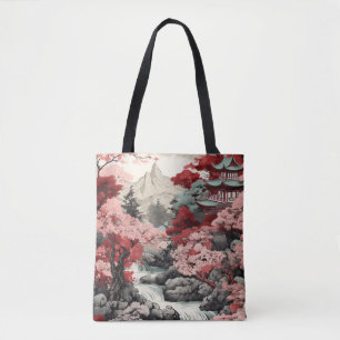 Vintage Japanese Sakura Temple Forest Scene Tote Bag