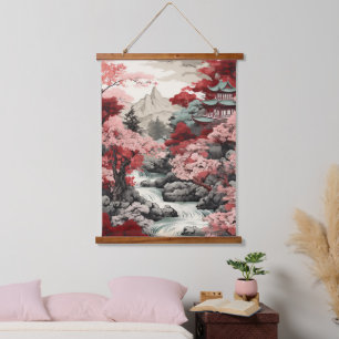 Vintage Japanese Sakura Wood Topped Wall Tapestry