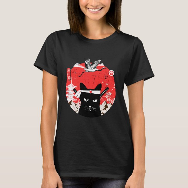 Vintage Japanese Samurai black Cat T-Shirt (Front)