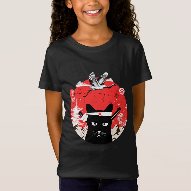 Vintage Japanese Samurai black Cat T-Shirt (Front)