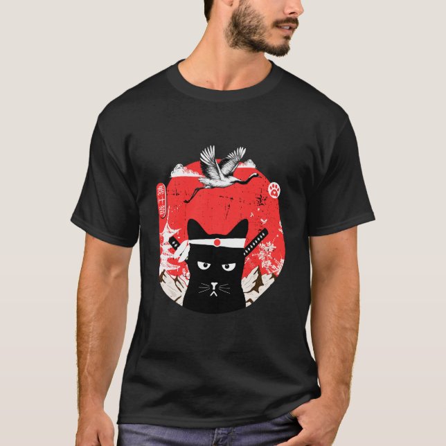 Vintage Japanese Samurai black Cat T-Shirt (Front)