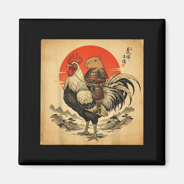 Vintage Japanese Samurai Capybara Rooster Chicken  Magnet (Front)