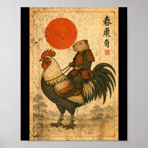 Vintage Japanese Samurai Capybara Rooster Chicken Poster