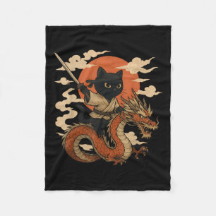 Vintage Japanese Samurai Cat Ninja Dragon Kawaii A Fleece Blanket