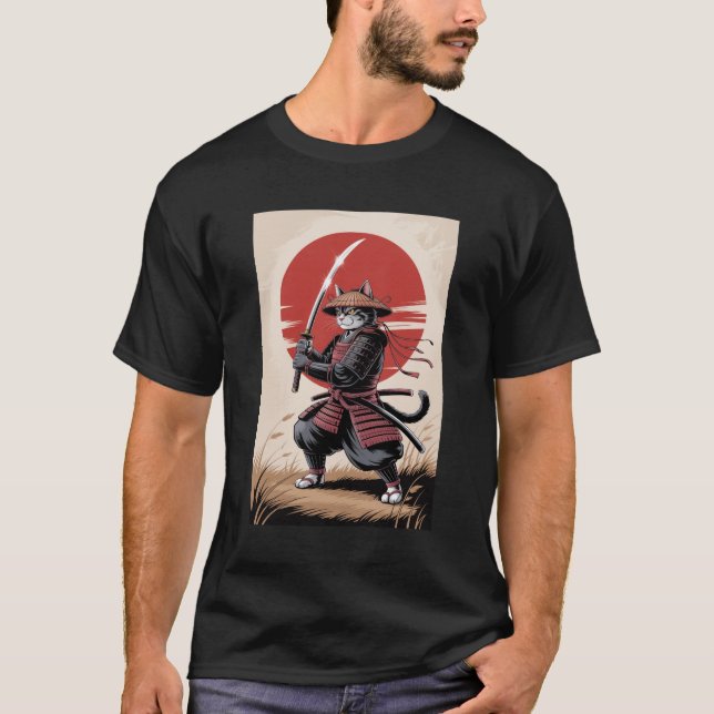 Vintage Japanese Samurai Cat Warrior  T-Shirt (Front)