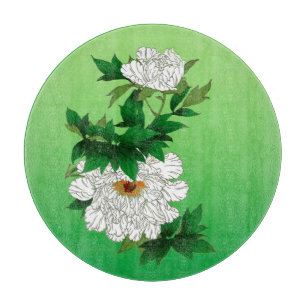 Vintage Japanese Sketch of Large White Peony Cutting Board