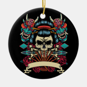 Vintage japanese tattoo style colorful template ceramic tree decoration