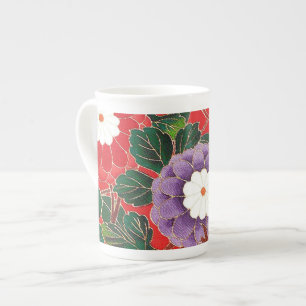 Vintage Japanese Textile - Red Dahlias Bone China Mug
