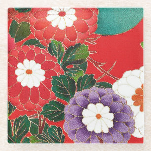 Vintage Japanese Textile - Red Dahlias Glass Coaster