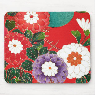 Vintage Japanese Textile - Red Dahlias Mouse Pad