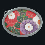 Vintage Japanese Textile - Red Dahlias Oval Belt Buckle<br><div class="desc">Digitally enhanced vintage Japanese embroidered textile pattern of red,  white and lavender dahlias and green leaves on a deep red background buckle</div>