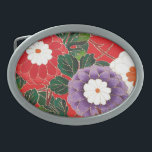 Vintage Japanese Textile - Red Dahlias Oval Belt Buckle<br><div class="desc">Digitally enhanced vintage Japanese embroidered textile pattern of red,  white and lavender dahlias and green leaves on a deep red background buckle</div>