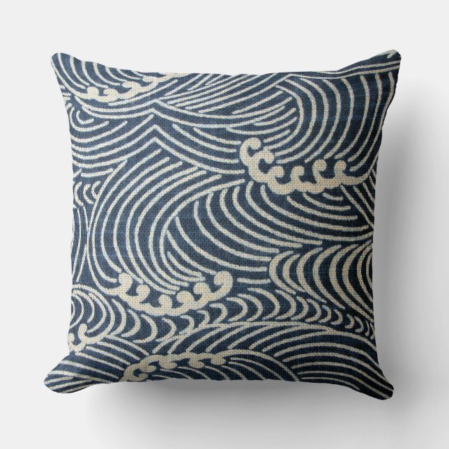 Vintage Japanese Textile, Wave Pattern Cushion (Front)