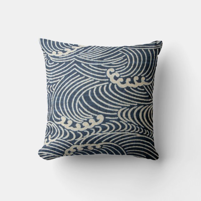 Vintage Japanese Textile, Wave Pattern Cushion (Front)