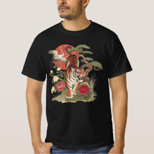 Vintage Japanese Tiger Crane Art - Retro Linocut  T-Shirt
